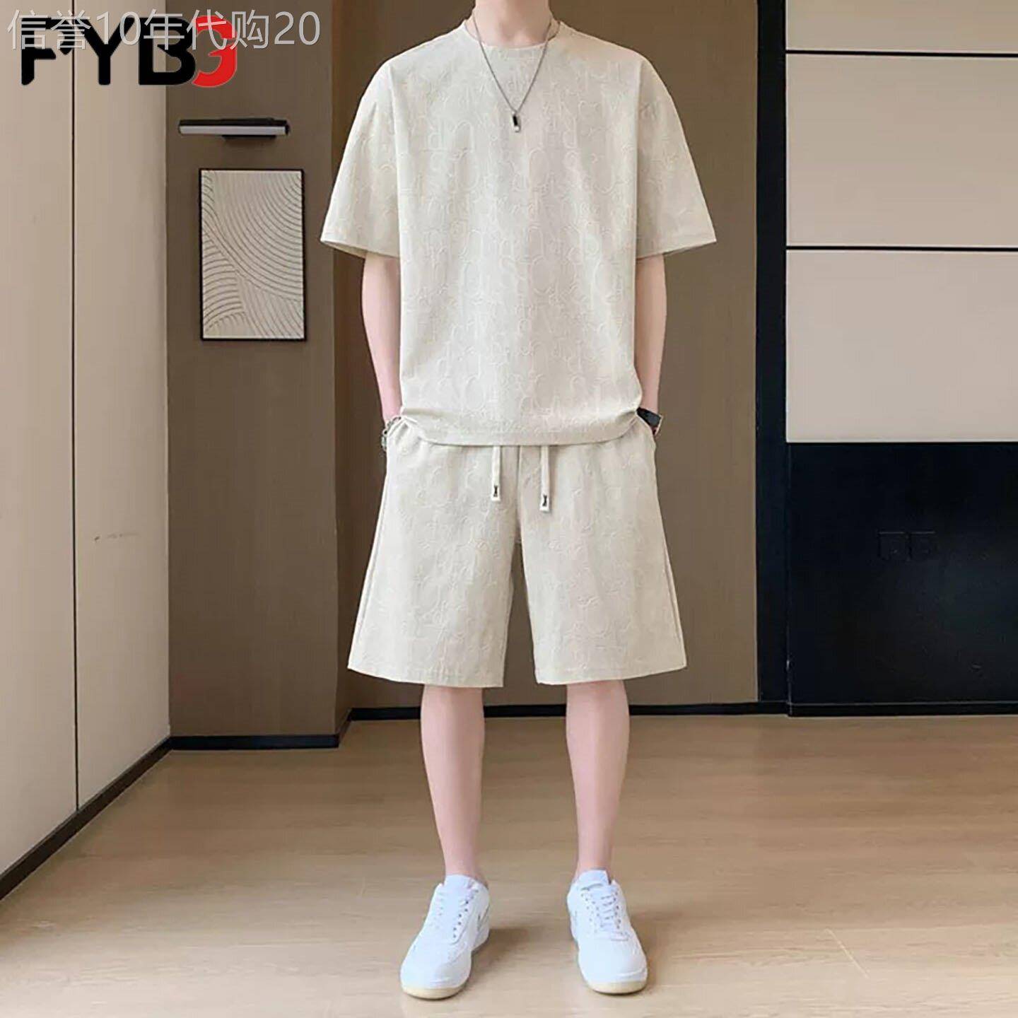 高端冰丝提花男士休闲套装2026夏季新款短袖短裤时尚穿搭一套男款图片