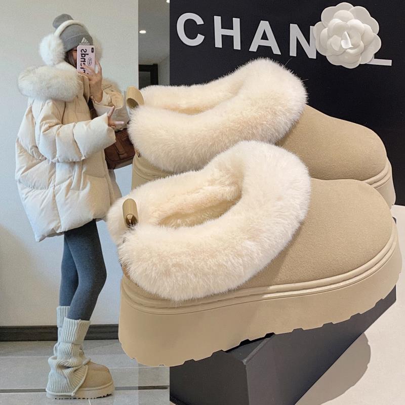 香港真皮厚底毛毛雪地靴女2025冬季新款低帮加绒加厚东北面包棉鞋