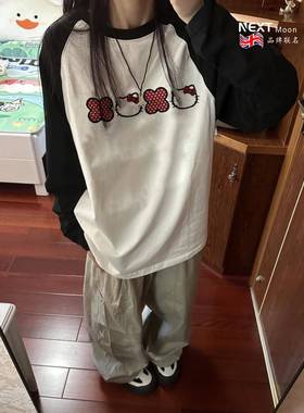 Next Moon英国联名韩系波点kitty插肩长袖T恤女春秋新款宽松百搭