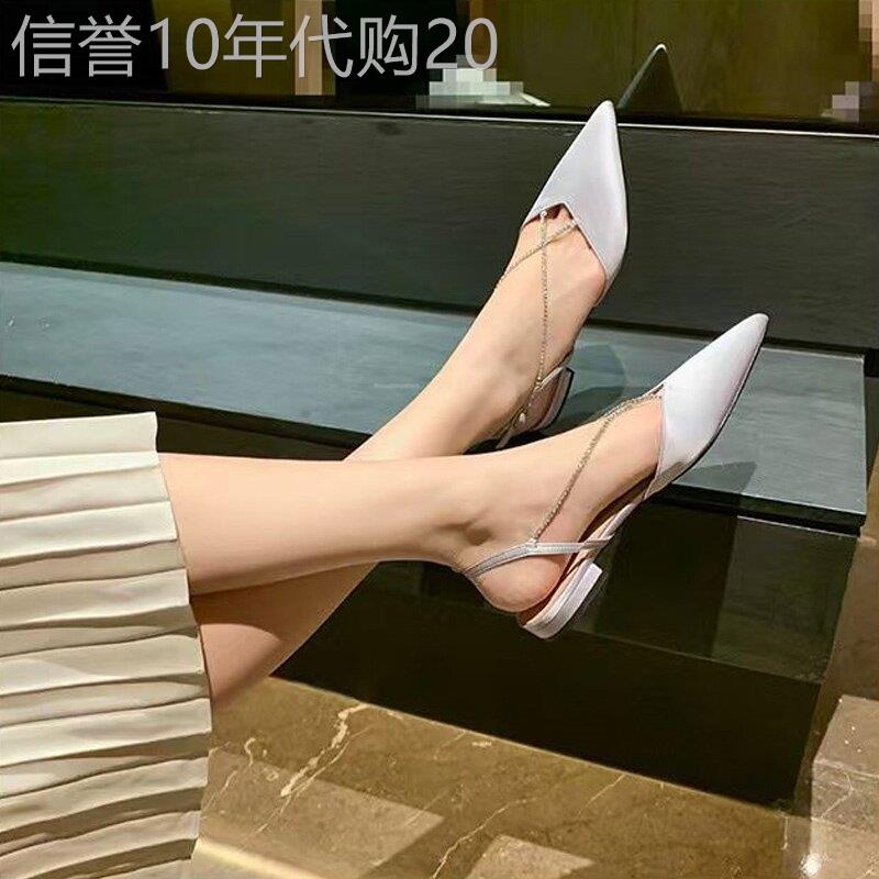 香港百搭尖头平底包鞋女2025夏季新款气质水钻炼条仙女风包头凉鞋