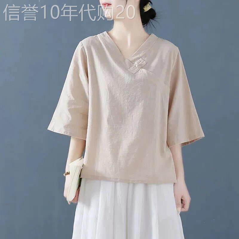 棉麻衬衫女夏季薄款2026新款宽松大尺码设计感小众V领七分袖t恤上