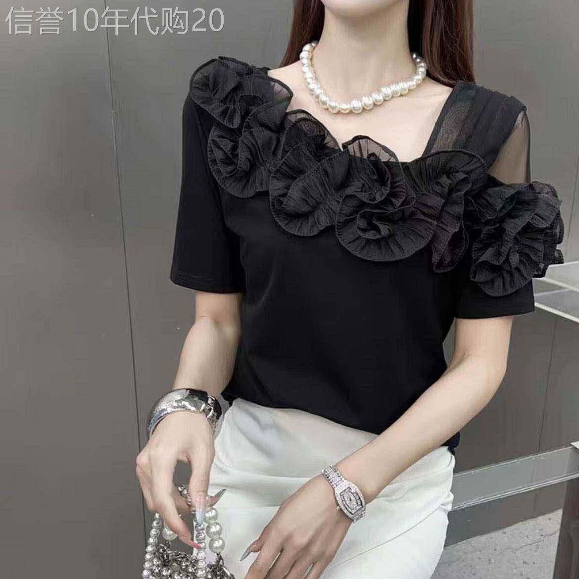 露肩短袖t恤女夏季2026新款韩版设计感小众网纱花朵时尚减龄上衣