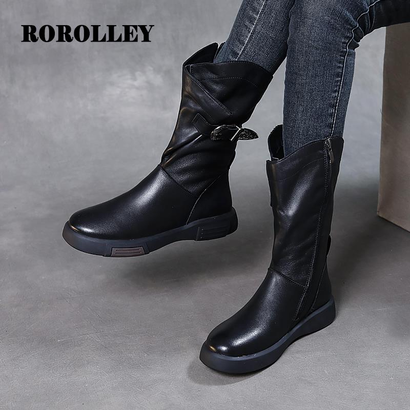 真皮西北靴子中筒靴女2025春秋新款覆古皮带扣大筒围骑士靴女平底