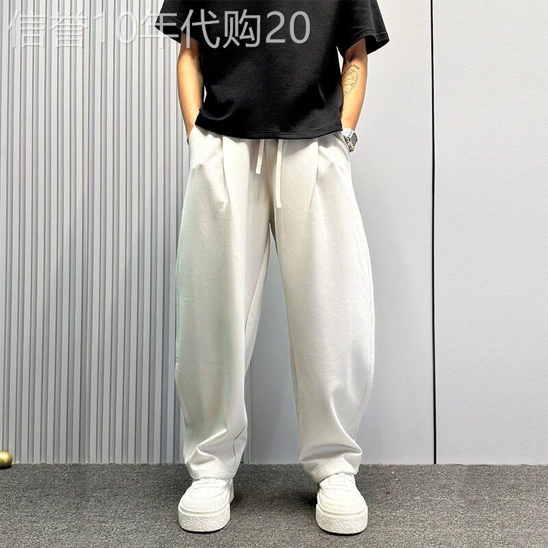 潮牌冰丝垂感裤子男夏季薄款宽松直筒休闲裤痞帅双褶弯刀松小西裤