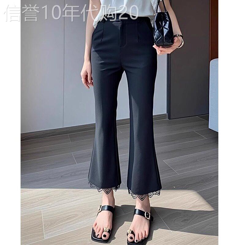 黑色微喇叭裤女夏季薄款2026新款高腰直筒显瘦蕾丝边休闲九分西装