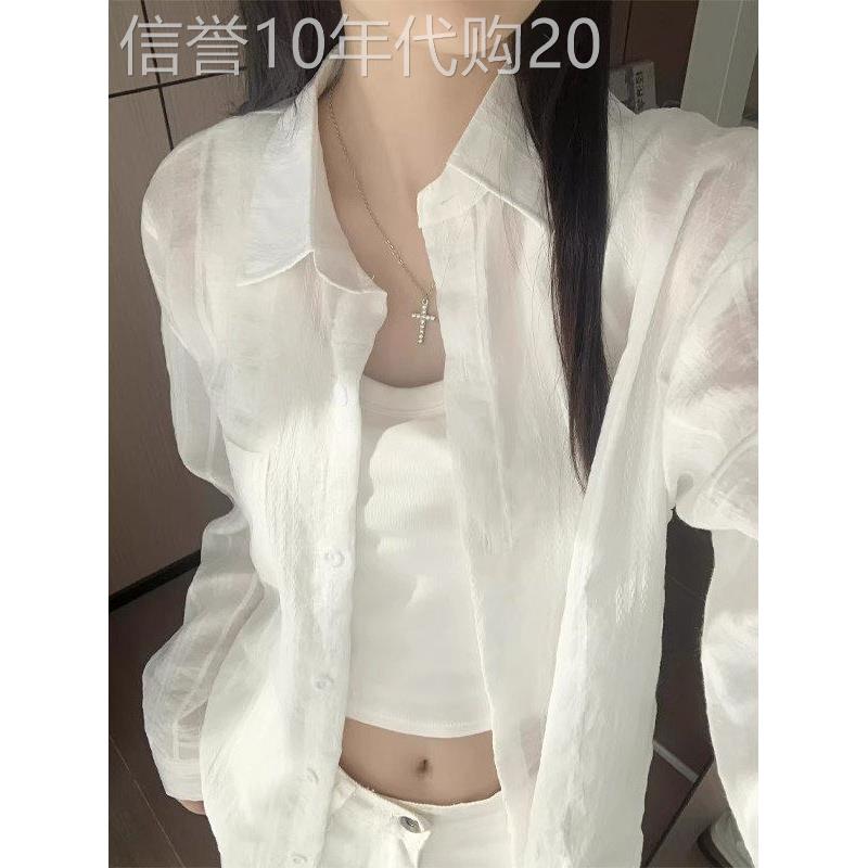 白色亚麻长袖防晒衬衫女春秋欧货气质衬衣独特漂亮法式棉麻上衣
