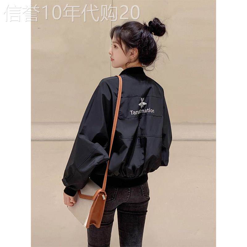 黑色圆领长袖棒球服女春秋欧货薄款刺绣宽松显瘦bf风夹克短款外套