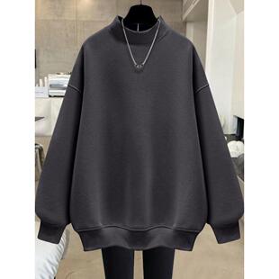 宽松气质半高领纯色卫衣女秋冬季加绒加厚保暖高级中长款打底衫