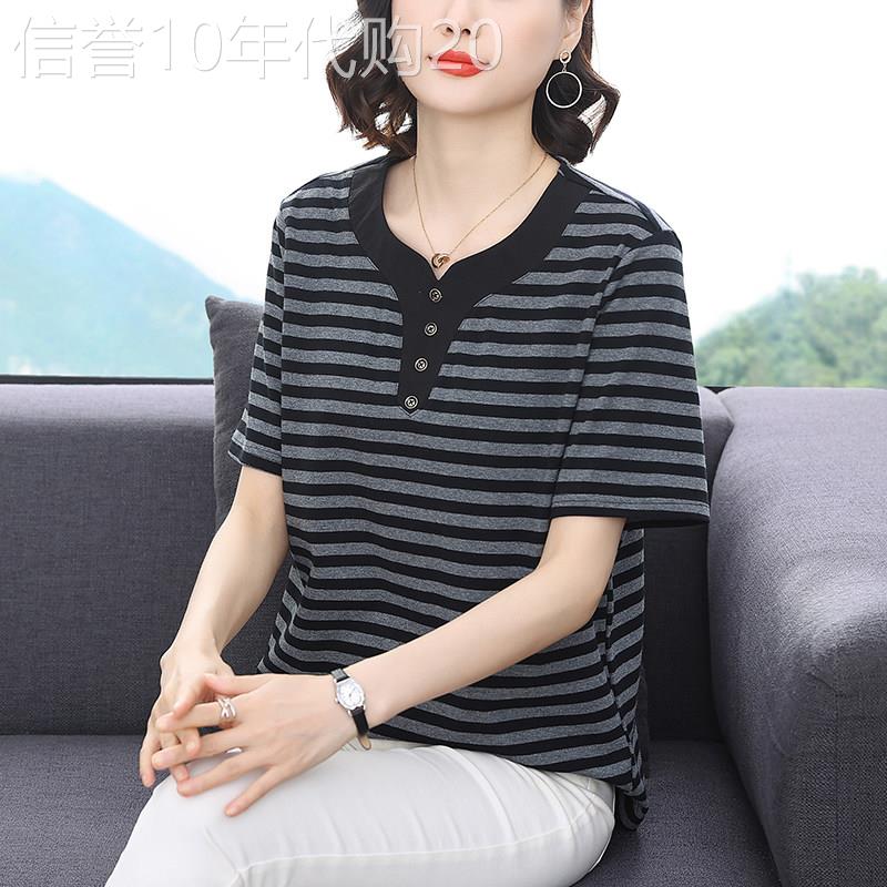 中年妈妈2026夏季新款大尺码宽松纯棉条纹短袖T恤女遮肚显瘦薄上