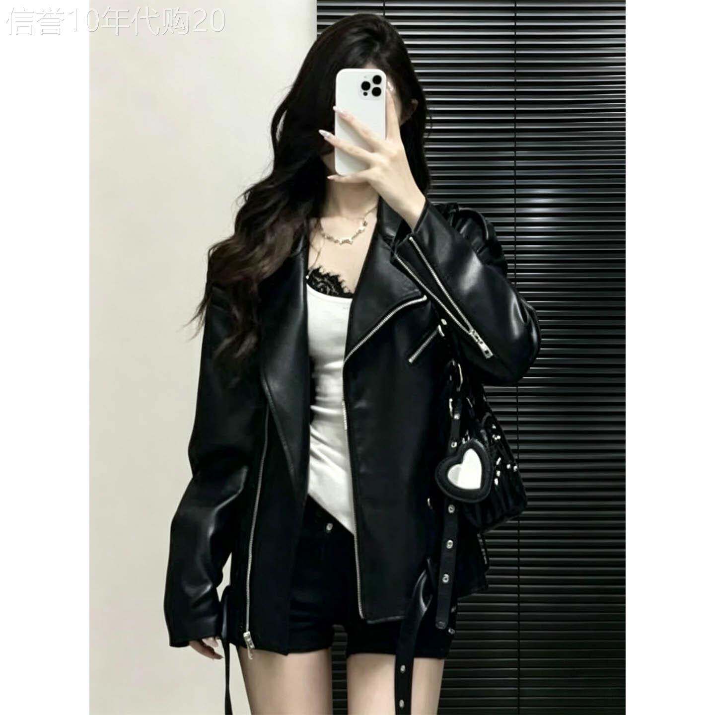 黑色翻领长袖pu皮衣外套女春秋欧货美式复古机车风夹克百搭上衣潮