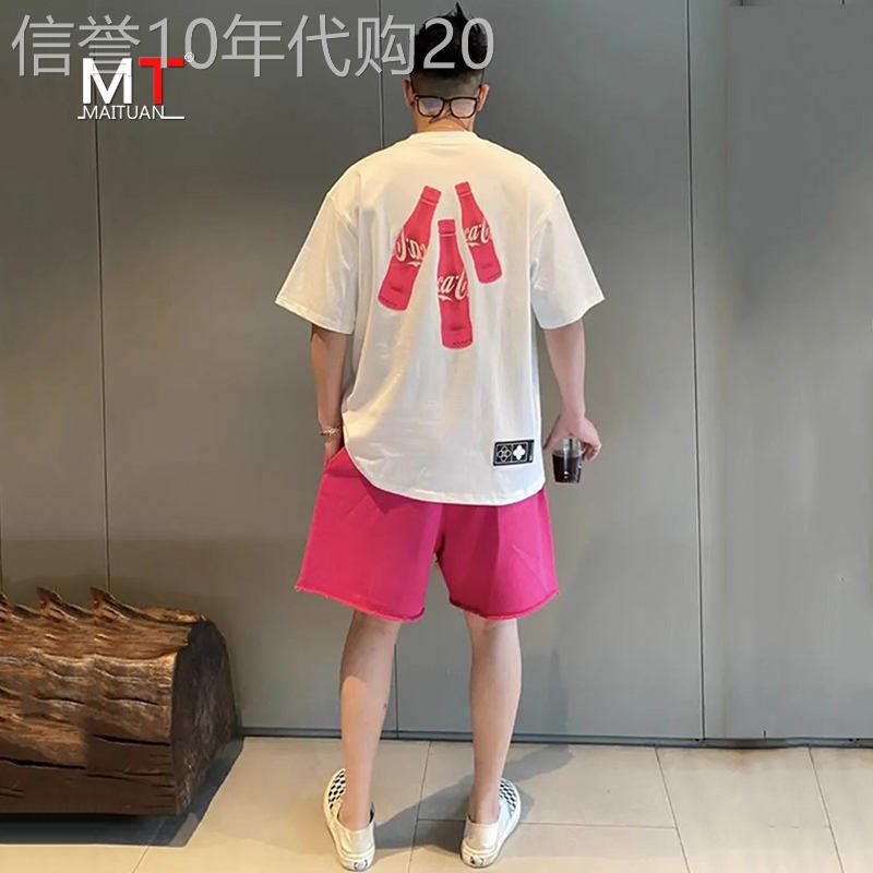潮牌美式休闲套装男士夏季宽松短袖t恤五分短裤痞帅气男装两件套