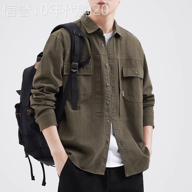 秋季新款日系复古绒面工装衬衫男士拼接设计宽松潮牌休闲百搭衬衣