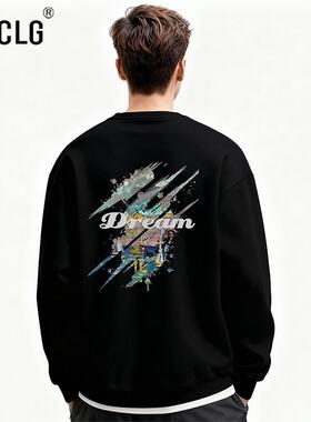 香港CLG潮牌美式街头嘻哈卫衣秋季新款宽松百搭圆领加绒黑色上衣