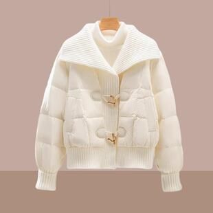 欧洲站白色针织翻领棉服女短款2025冬新款加厚保暖设计感时尚外套