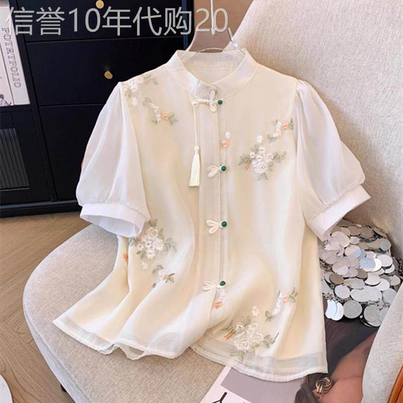 中式国风短袖衬衫女夏季新款重工刺绣胖mm宽松泡泡袖雪纺小衫上衣