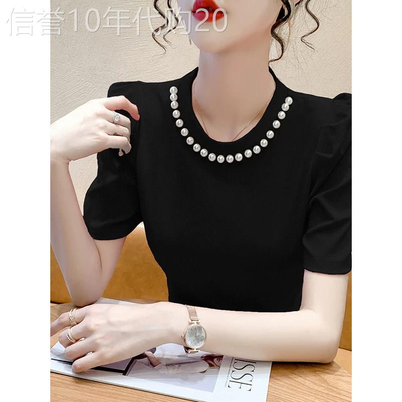 黑色珍珠泡泡袖短袖T恤女夏季欧货通勤风修身显瘦设计感小众上衣
