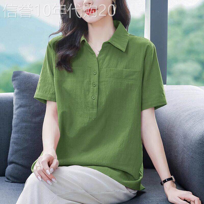 胖妹妹夏季显瘦穿搭短袖衬衫翻领高端亚麻T恤女纯棉大尺码棉麻上