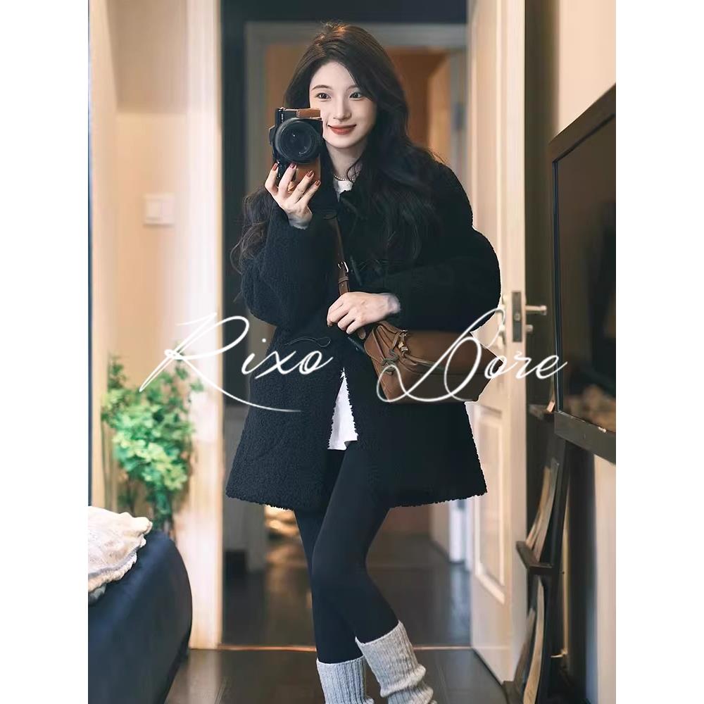 RIXO DORE法式黑色牛角扣羊羔毛羽绒棉服女秋冬季高级感加厚外套
