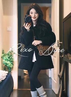 RIXO DORE法式黑色牛角扣羊羔毛羽绒棉服女秋冬季高级感加厚外套