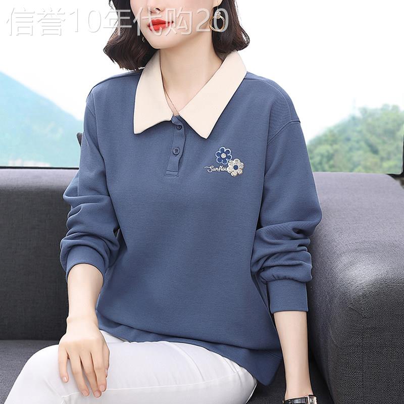 韩国翻领长袖t恤女2025春秋装新款POLO领上衣中老年人妈妈休闲 �