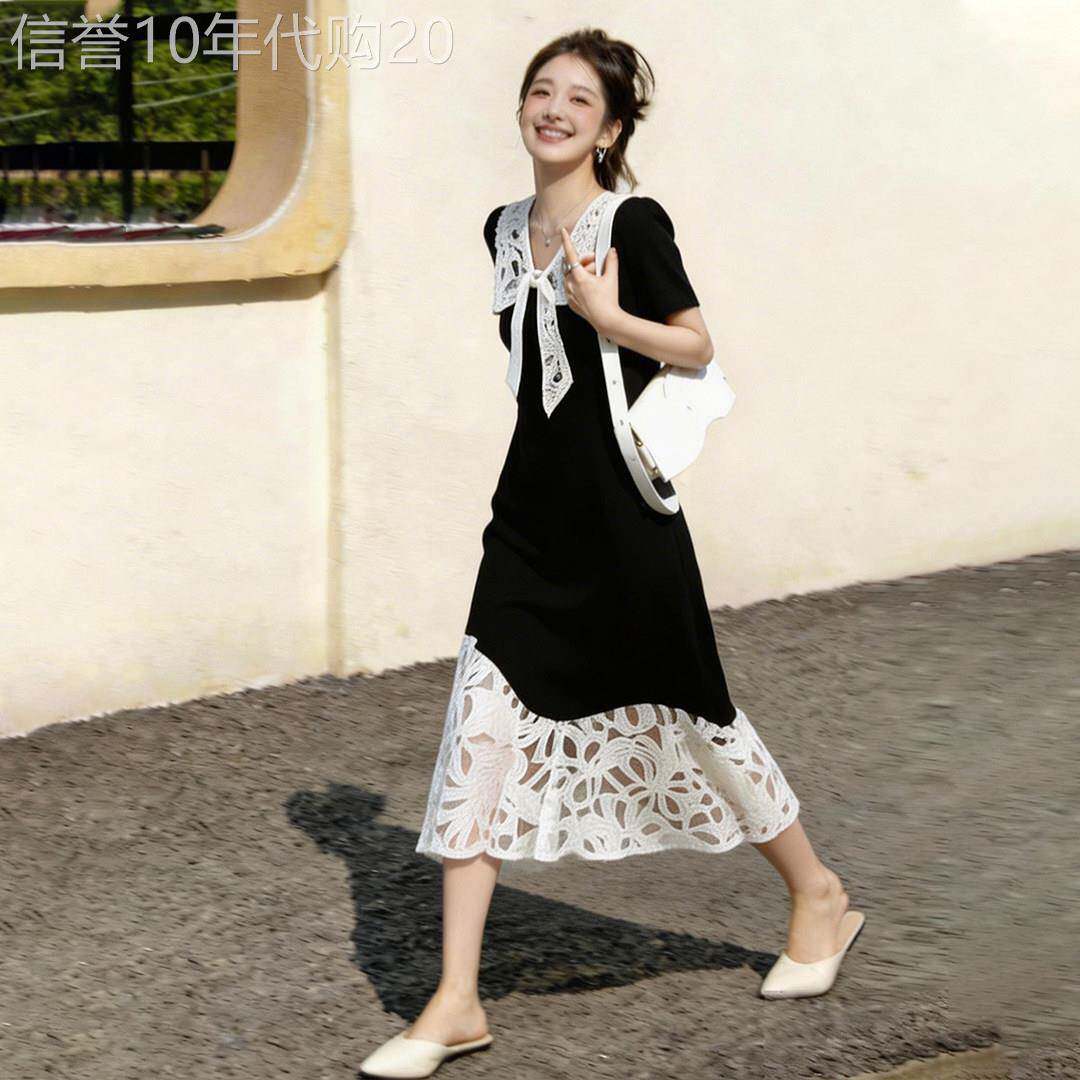 法式黑色镂空拼接短袖洋装女夏季2026新款漂亮巨好看显瘦长裙子