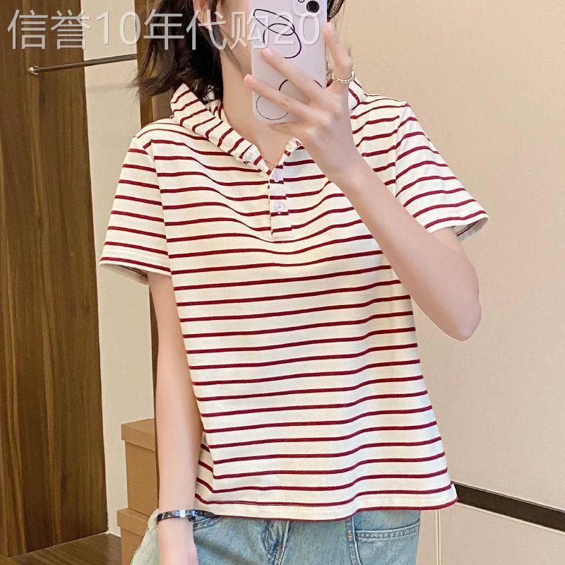 连帽条纹短袖t恤女夏季薄款2026新款休闲设计感纯棉宽松体恤上衣