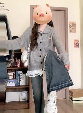 Next Moon英国联名灰色毛衣翻领针织开衫外套2025秋冬新款慵懒风