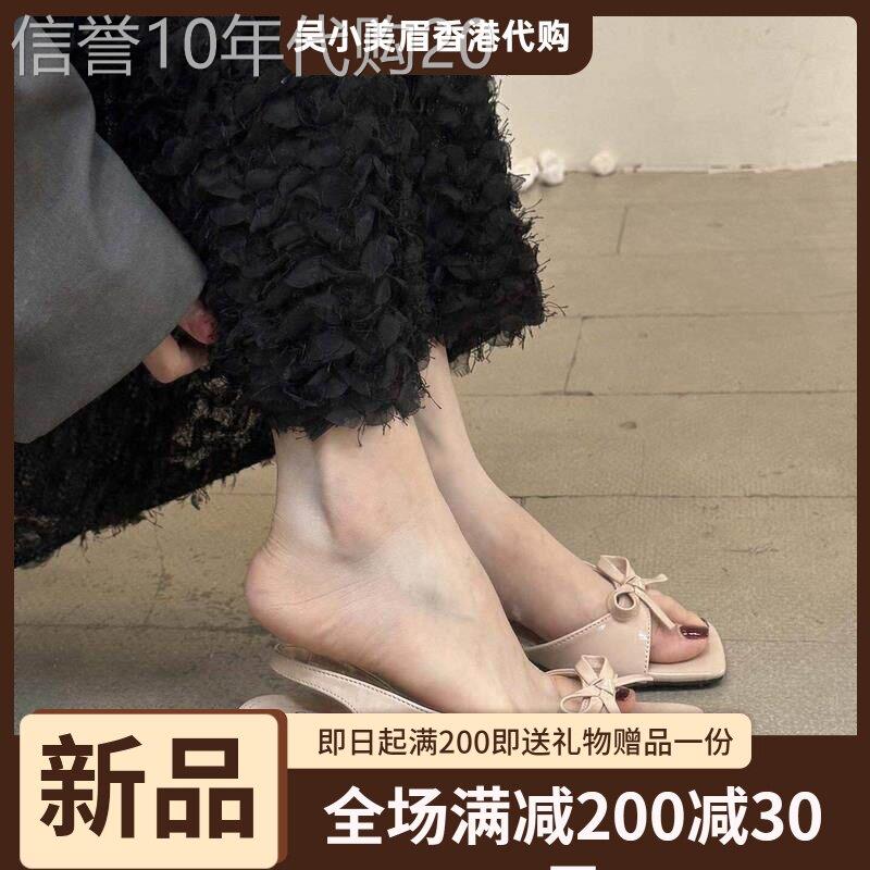 香港法式碎花低跟凉鞋女2026夏季方头露趾蝴蝶结粗跟一字带高跟鞋