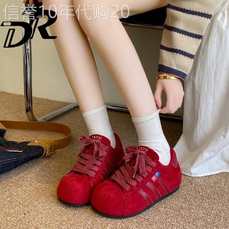 DR韩国百搭系带红色德训鞋女2026秋新款丑萌大头厚底内增高休闲鞋