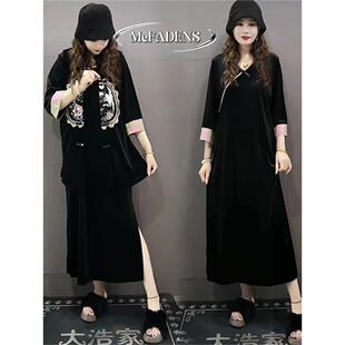 香港欧货新款中国风覆古丝绒大码胖MM显瘦长款开叉连衣裙马甲套装