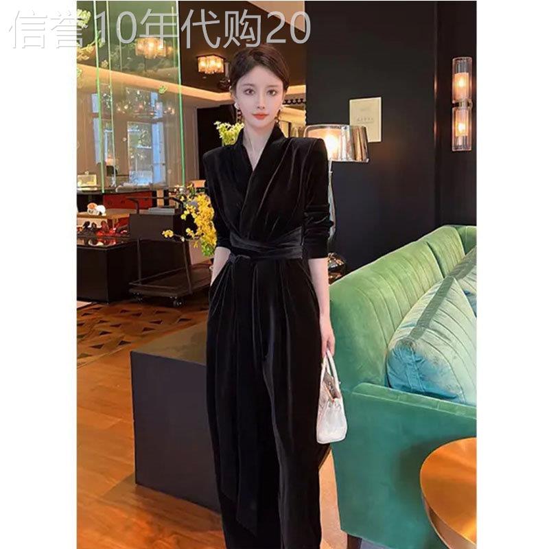 金丝绒连身裤女春秋欧洲站御姐范名媛设计感V领女人味阔腿裤套装