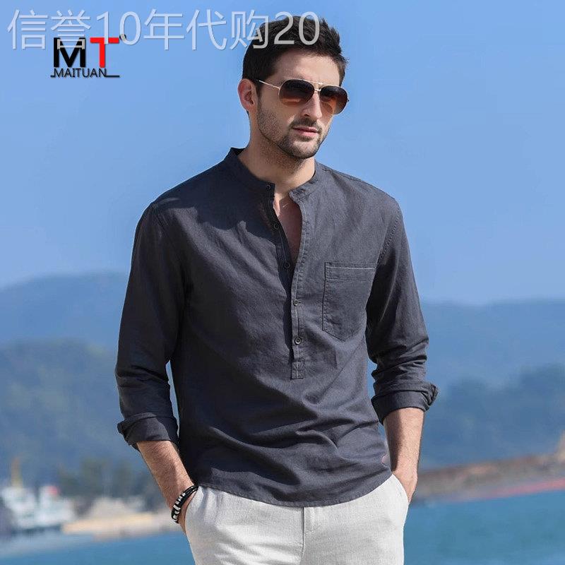 高端亚麻t恤男士polo衫潮流立领棉麻衬衫休闲潮流宽松衬衣服男款