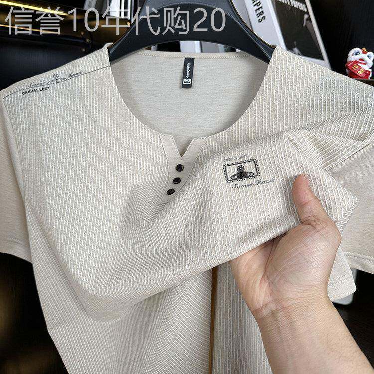 夏季冰氧棉短袖T恤男士复古彷亚麻鸡心V领爸爸装休闲上衣服T恤衫