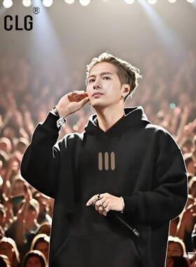 香港CLG潮牌王嘉尔同款三条杠印花重磅连帽卫衣潮流百搭黑色外套