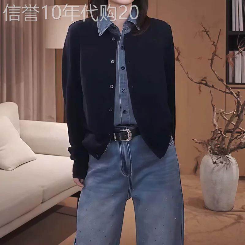 韩版假两件外套女春秋薄款2026新款宽松短款针织拼接牛仔长袖衬衫