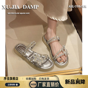 女夏外穿2025新款 仙女風(fēng)平底海邊沙灘兩穿 水鉆配裙子拖鞋 品牌法式