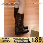 管骑士靴子 裤 序佳粗跟不过膝高筒西部牛仔堆堆靴女2026秋夏季 新款