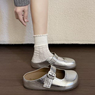 外0315r 春夏一脚蹬懒人凉拖鞋 厚底银色包头半拖勃肯鞋 女2026新款