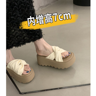 品牌法式 ins沙滩凉 厚底增高高级感扭结交叉拖鞋 女夏外穿2025新款