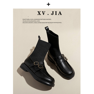 英伦风弹力袜靴平底瘦瘦短靴女靴子2026年新款秋冬加绒马丁靴女鞋