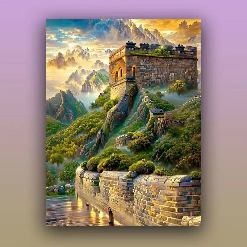 长城diy数字油画填充涂色油彩风景唯美颜料丙烯画涂色炫彩装饰画