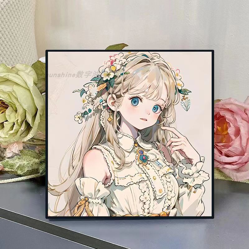 新中式二次元女孩diy数字油画治愈系手绘填涂色卧室装饰挂画礼物