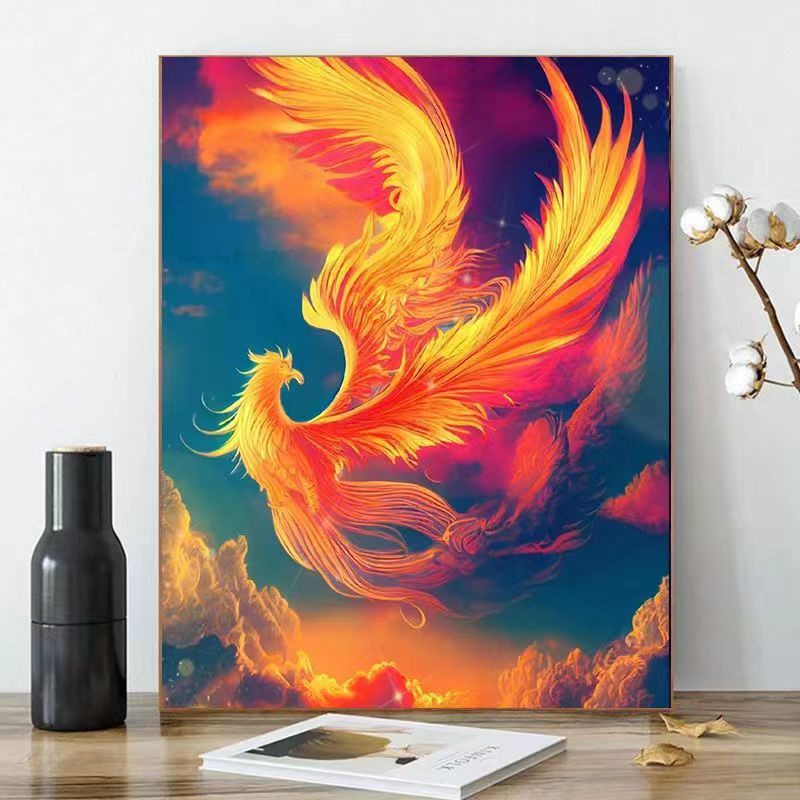 山海经凤凰麋鹿九尾狐数字油画