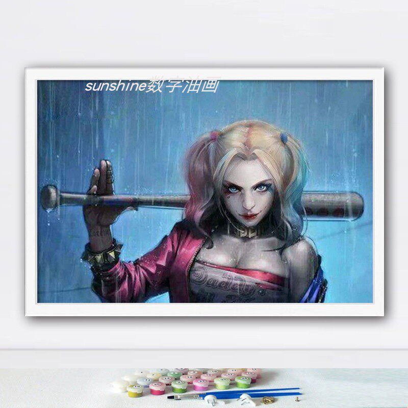 diy数字油画自杀小队蝙蝠侠小丑女哈莉奎恩手绘填充涂色颜料丙烯