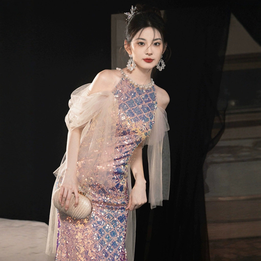 晚礼服女2026新款高级感主持人宴会气质高端轻奢小众亮闪闪鱼尾裙图片