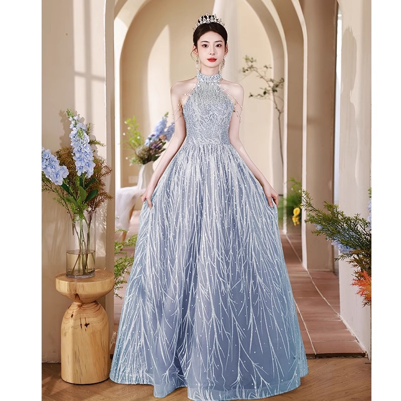 蓝色晚礼服裙轻奢小众高端成人礼2025新款高级感法式轻纱声乐艺