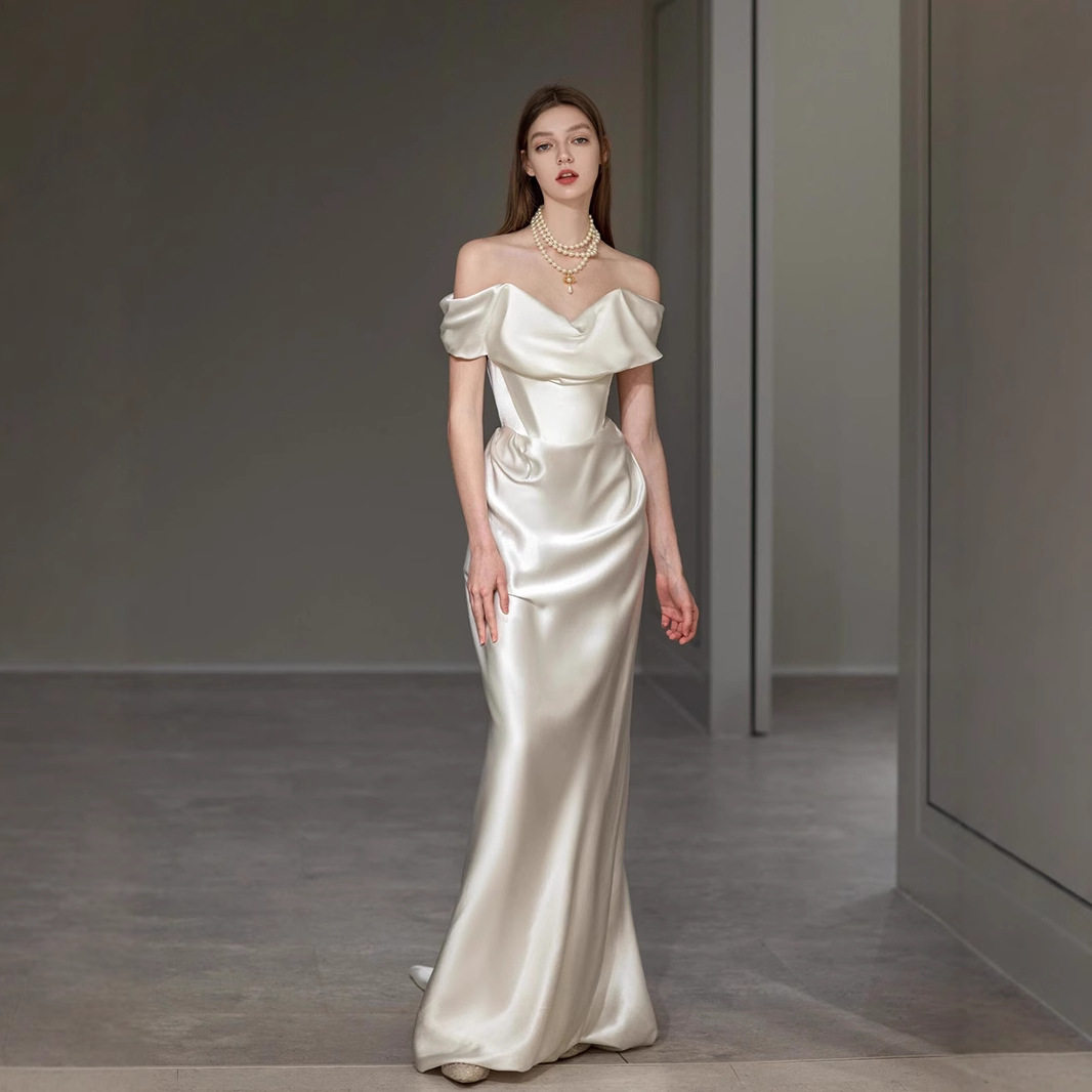 一字肩吊带轻婚纱2026新款春夏季韩版新娘白色敬酒服宴会晚礼服裙
