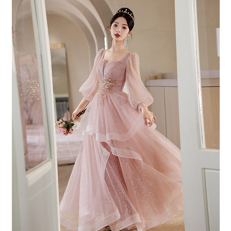 粉色晚礼服裙2025新款宴会气质订婚轻奢小众高端高级感长袖主持人,女装/女士精品,婚纱,淘宝优惠券,粉丝福利购,淘宝优惠卷