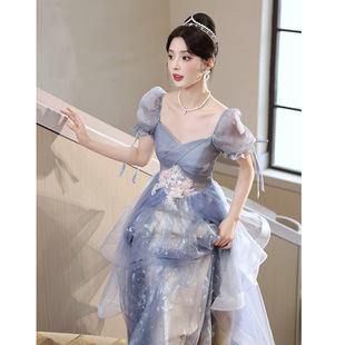 蓝色晚礼服裙女轻奢小众高端年会主持人声乐艺考成人礼高级感宴会