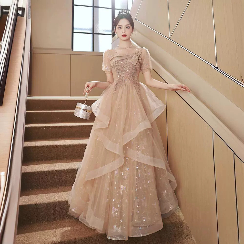晚礼服女2025新款宴会气质轻奢小众香槟色法式方领年会艺考礼服图片